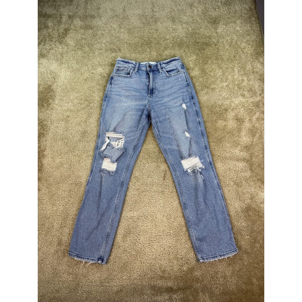 Hollister Curvy High-Rise Mom Jean Juniors 1R 25x25 Blue Stretch Distressed B653